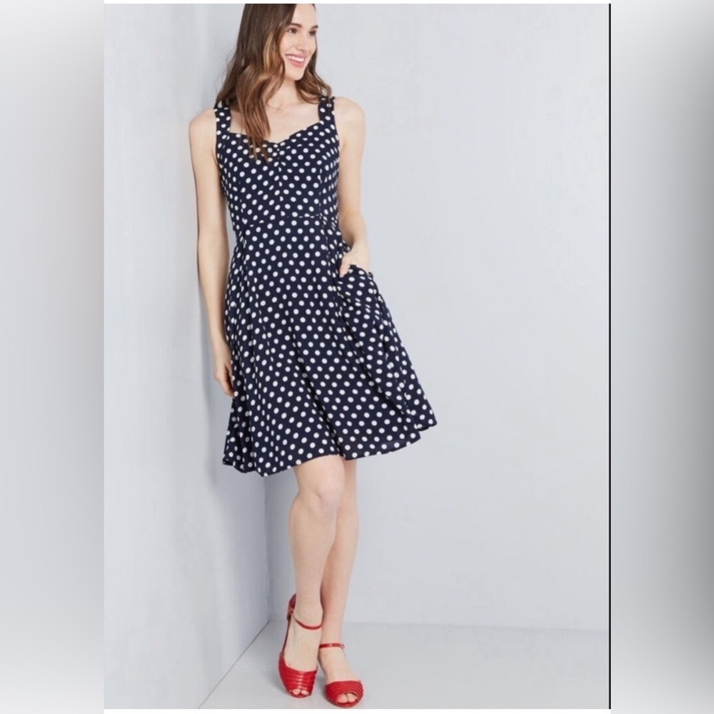 ModCloth L Retro Glow Polka Dot Midi Dress. Blue and white.